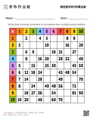 7的乘法口诀中的数字填空