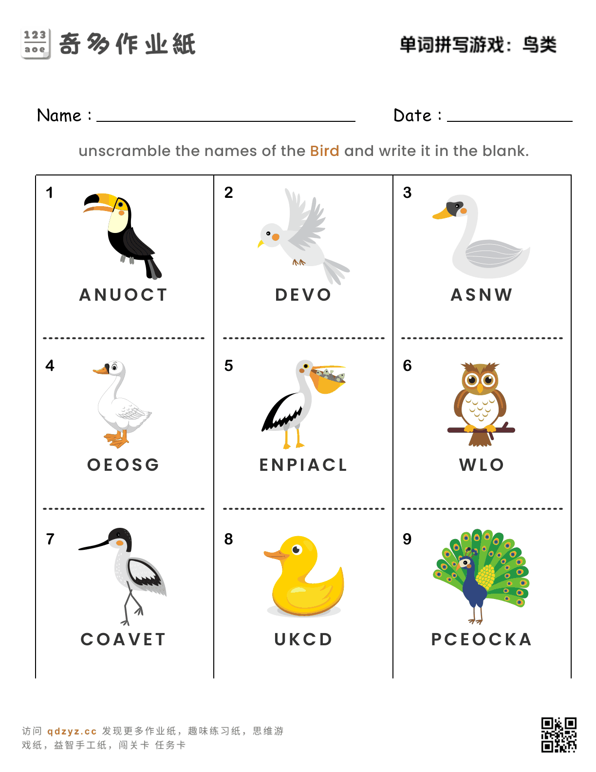 单词拼写游戏：鸟类