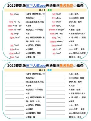 2025春新版三下人教pep英语单词晨读晚默小纸条 第2页