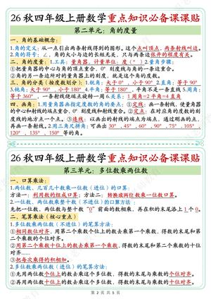 重点知识必备课课贴人_四年级上学期_数学 第2页