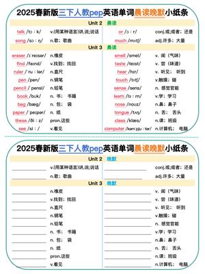 2025春新版三下人教pep英语单词晨读晚默小纸条 第3页