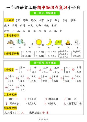 64690_一年级语文上册1-4单元期中知识点复习小卡片