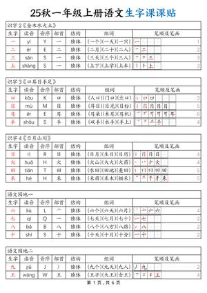 语文生字课课贴 - 一年级上学期 - 语文