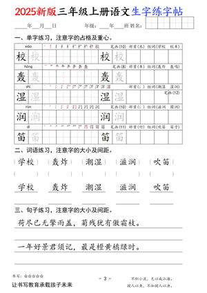 【2025新版三年级上册语文生字练字帖（卷面书写练字帖）50页 第3页