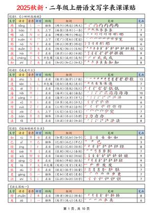 二年级上册语文写字表课课贴 - 二年级上学期 - 语文
