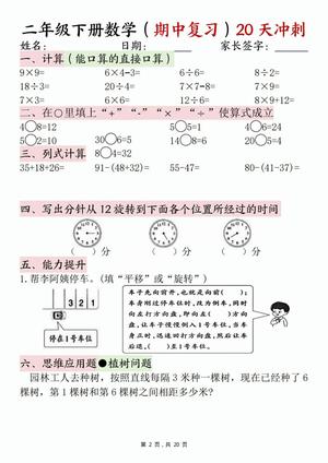 二年级下册数学期中复习20天冲刺（计算竖式脱式应用题思维拓展）20页 第2页