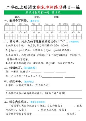新二年级上册语文期末21天冲刺练习_带答案 6.9 第3页