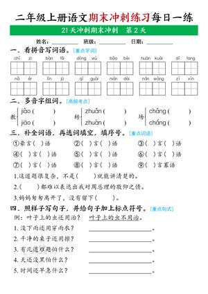新二年级上册语文期末21天冲刺练习_带答案 6.9 第2页