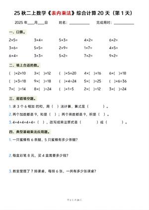 表内乘法综合计算20天练习 - 二年级上学期 - 数学