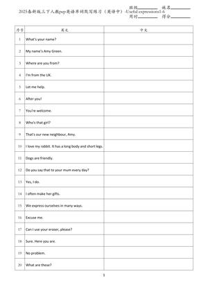 2025春新版三下人教pep英语单词默写练习（英译中）-Useful expressions1-6 第1页