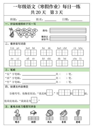 一年级语文寒假作业20天 第3页