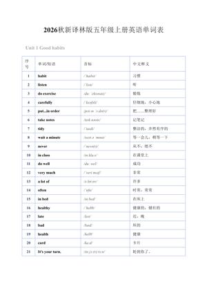 18_2026秋新译林版五年级上册英语单词表1