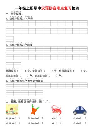 汉语拼音考点复习检测 - 一年级上学期 - 语文