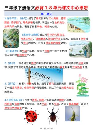 2477三下语文必背1-8单元课文中心思想（8页） 第1页