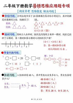 期末常考易错思维应用题专项训练 - 二年级下册 - 数学