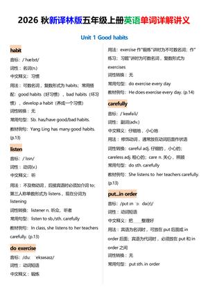 19_2026秋新译林版五年级上册英语单词详解讲义