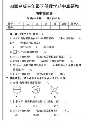 数学期中测试卷 - 三年级下学期 - 数学