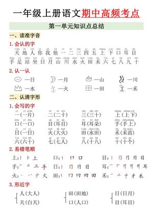64666_一年级上册语文1-4单元期中高频考点