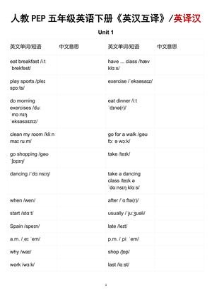 23_五年级下英语英汉互译练习人教版PEP