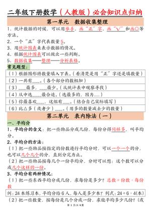 二年级下册数学必会知识点归纳（人教版6页） 第1页