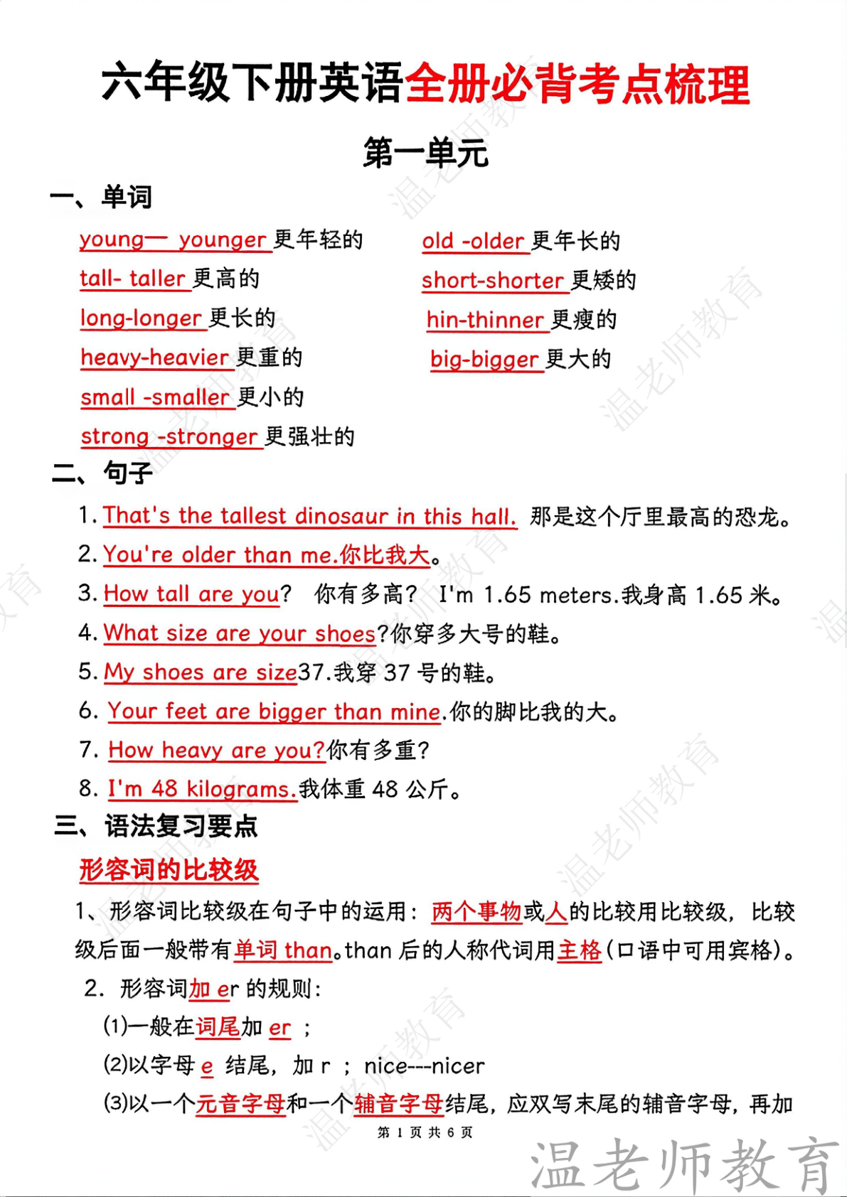 全册单元重点知识梳理人_六年级下学期_英语 第1页