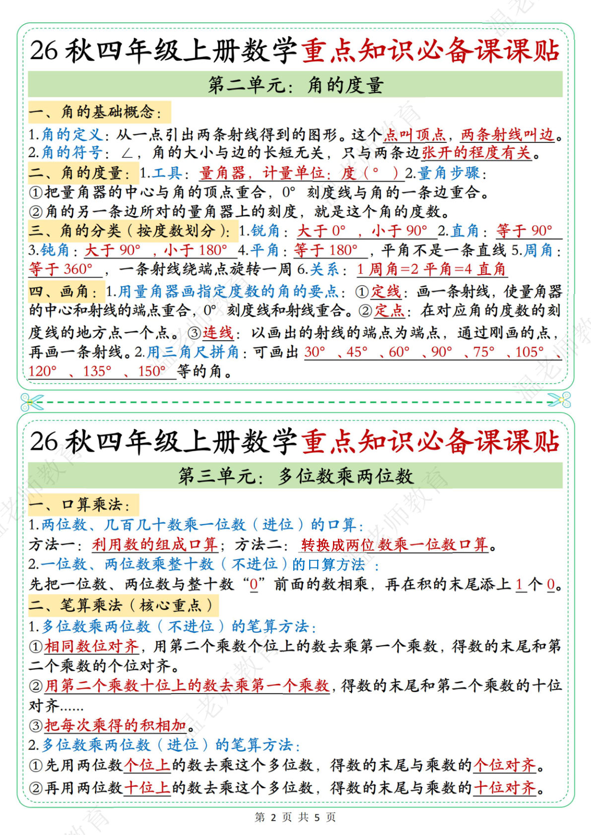 重点知识必备课课贴人_四年级上学期_数学 第2页