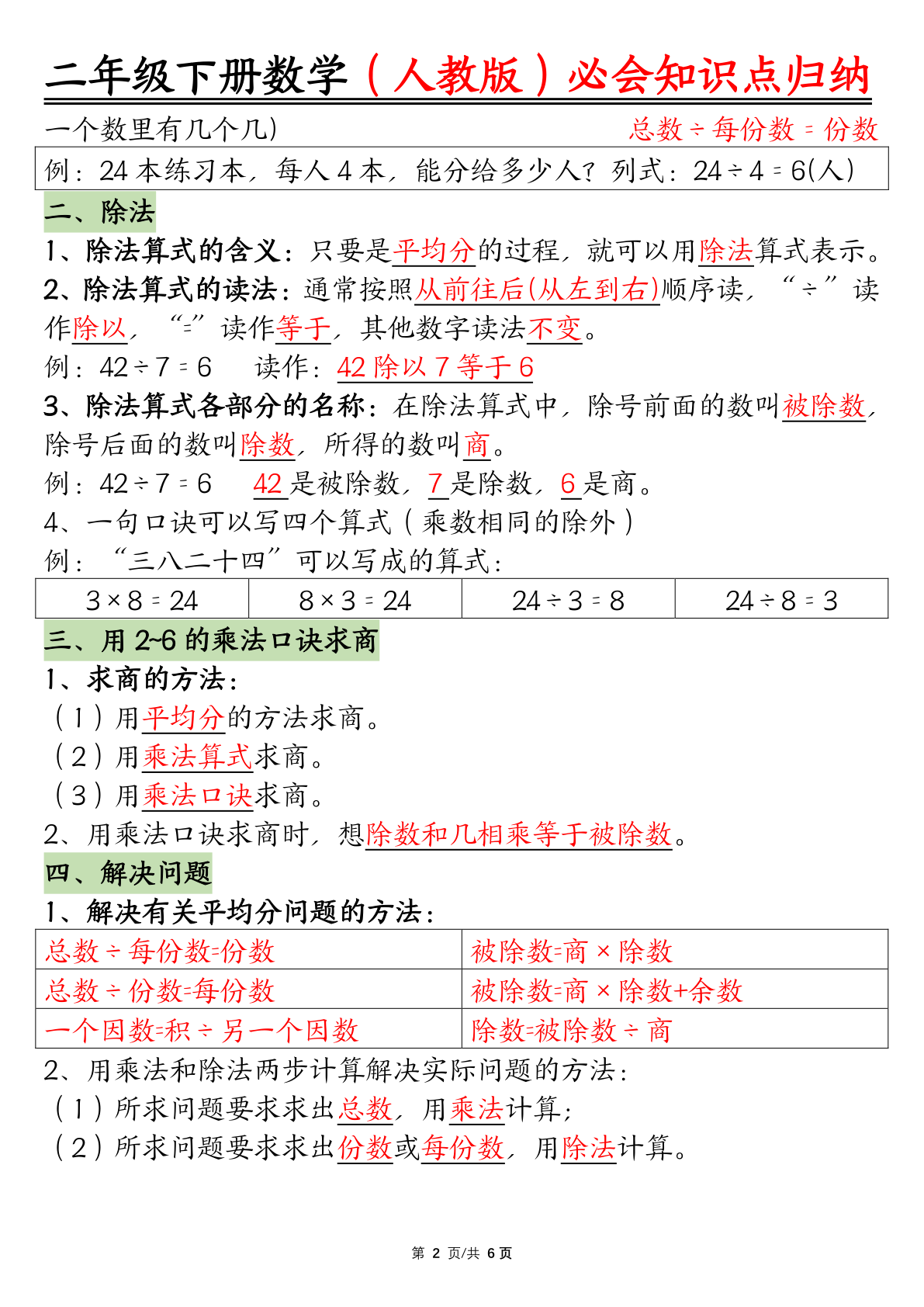 二年级下册数学必会知识点归纳（人教版6页） 第2页