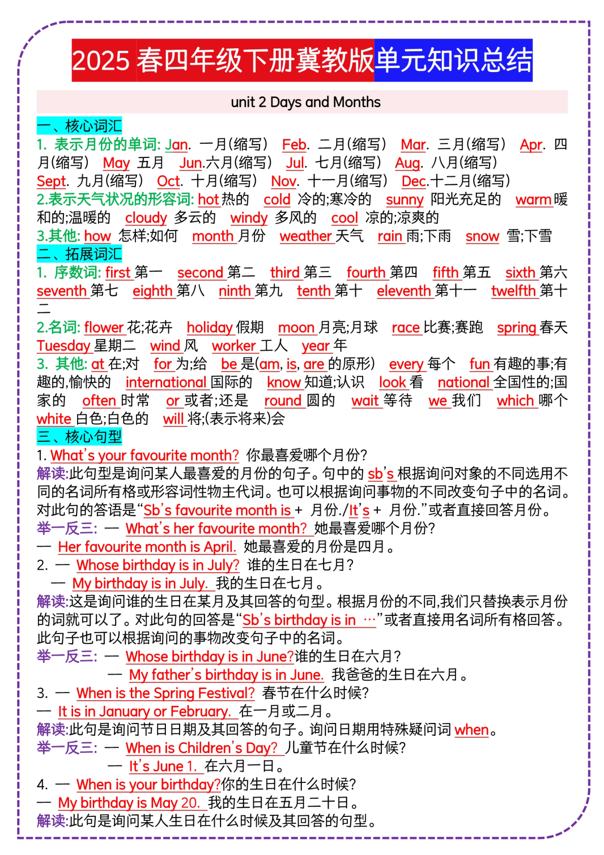 四年级（下）英语单元知识总结冀教版 第3页