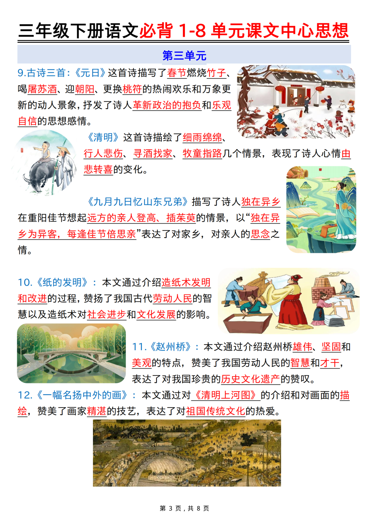 2477三下语文必背1-8单元课文中心思想（8页） 第3页