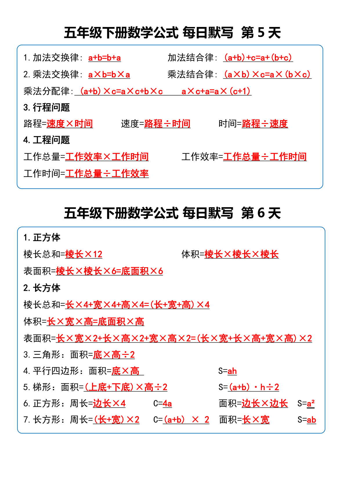 五年级下册数学必背公式每日默写小纸条 第3页