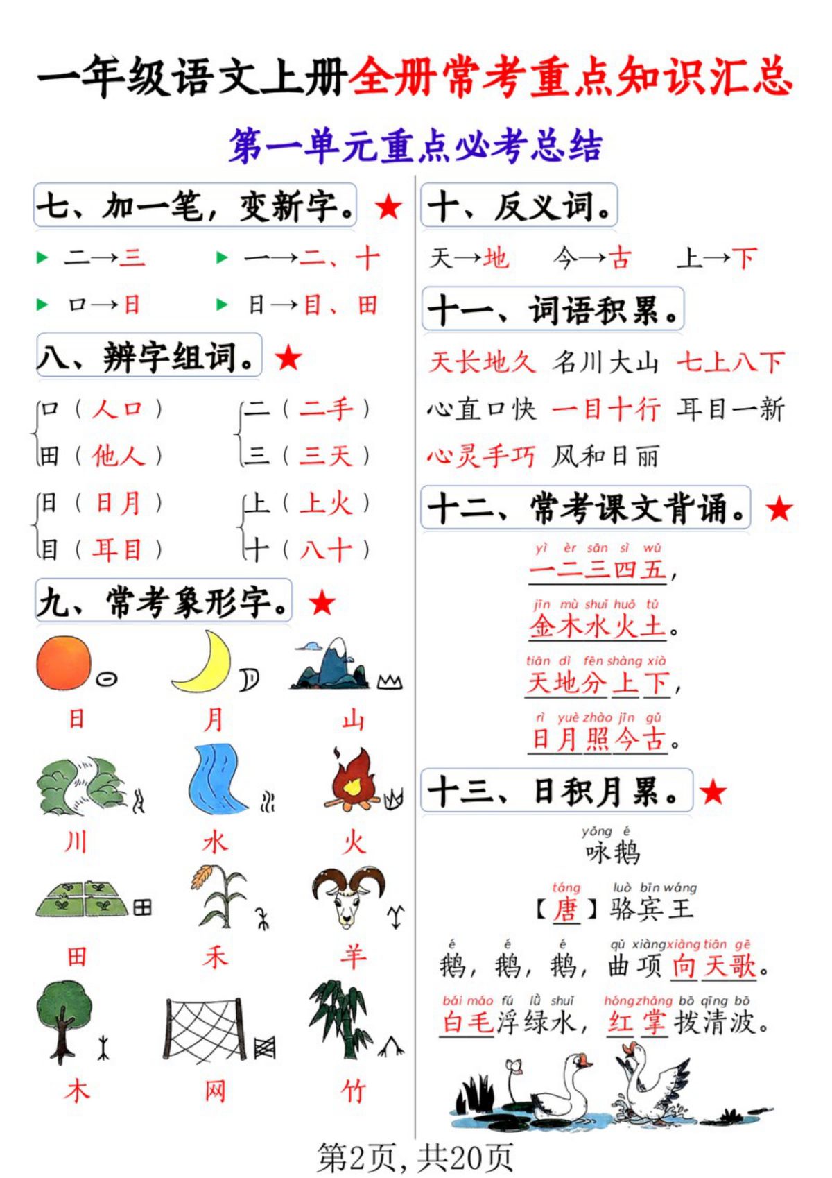 65229_一年级上册语文全册1-8单元常考重点知识汇总 第2页