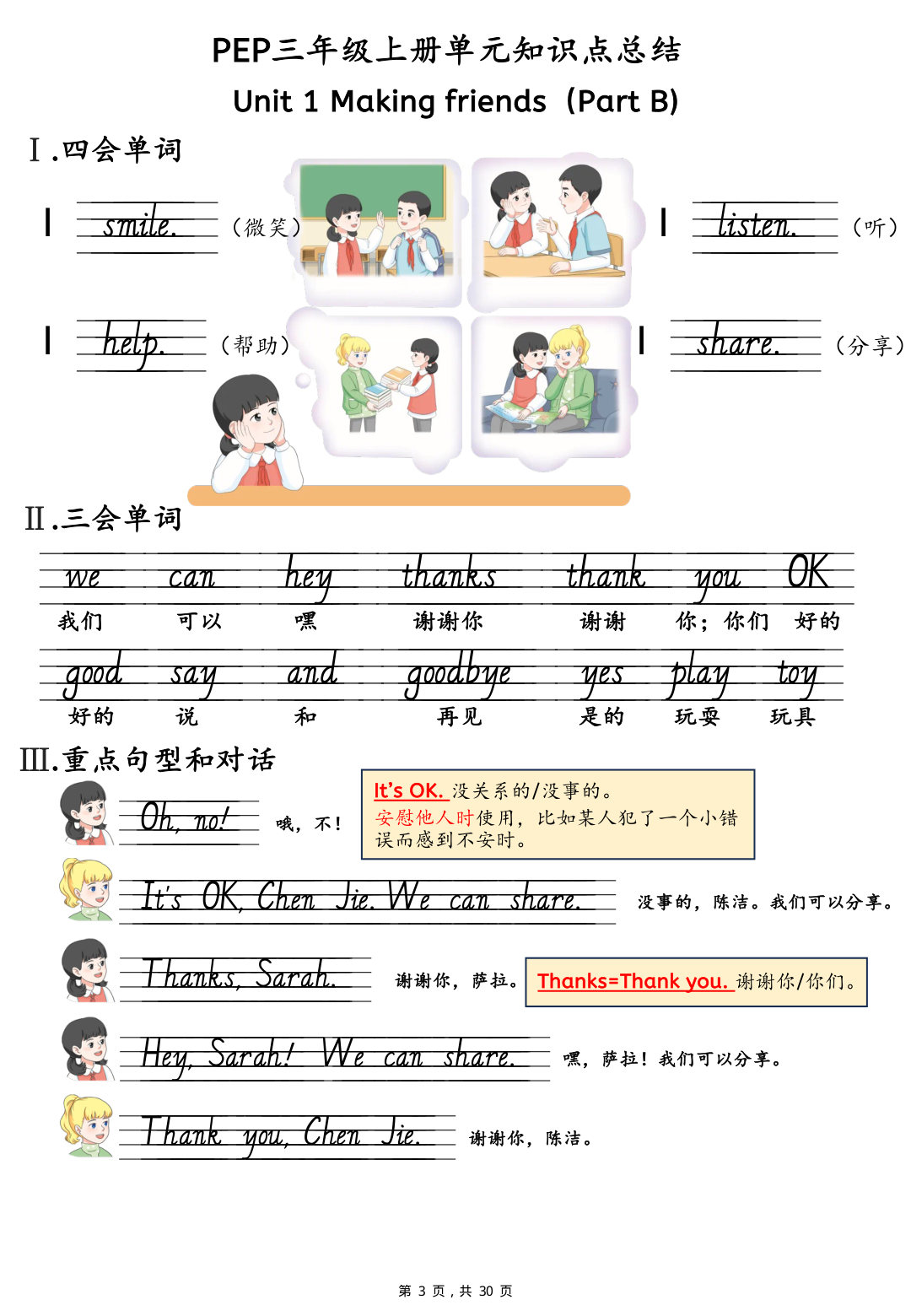 新三年级上册英语U1-U6单元知识点总结（人教PEP）30页(1) 第3页