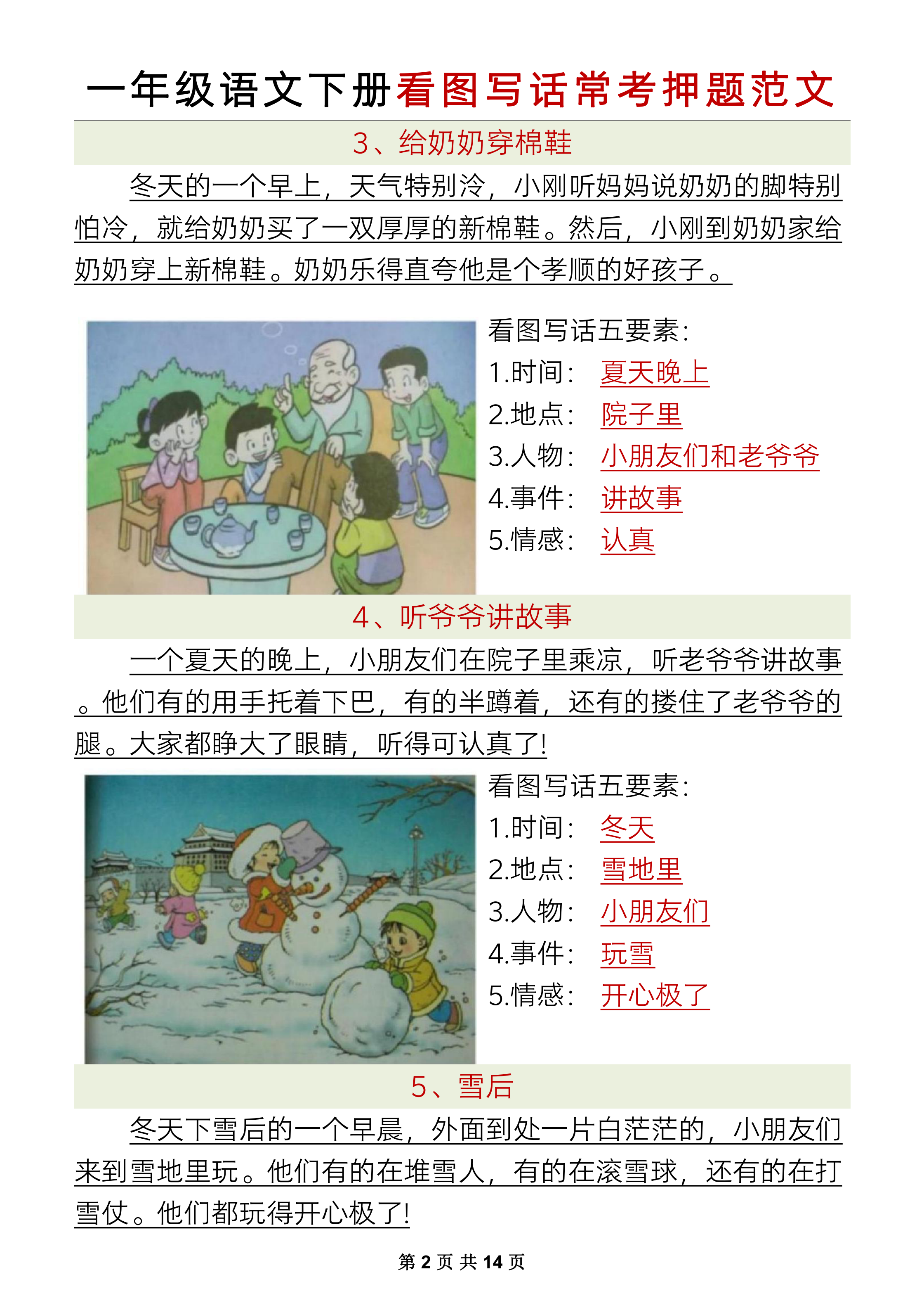 一年级下册语文【看图写话】常考押题范文 第2页