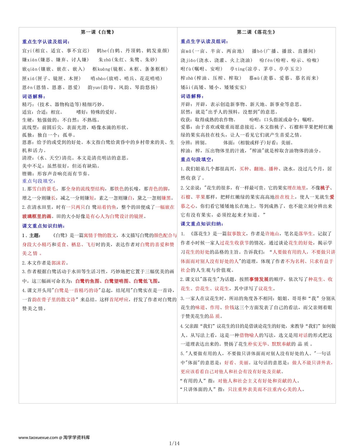 63289_五年级上册语文每课重点书贴【生字组词认读】课课贴 第1页