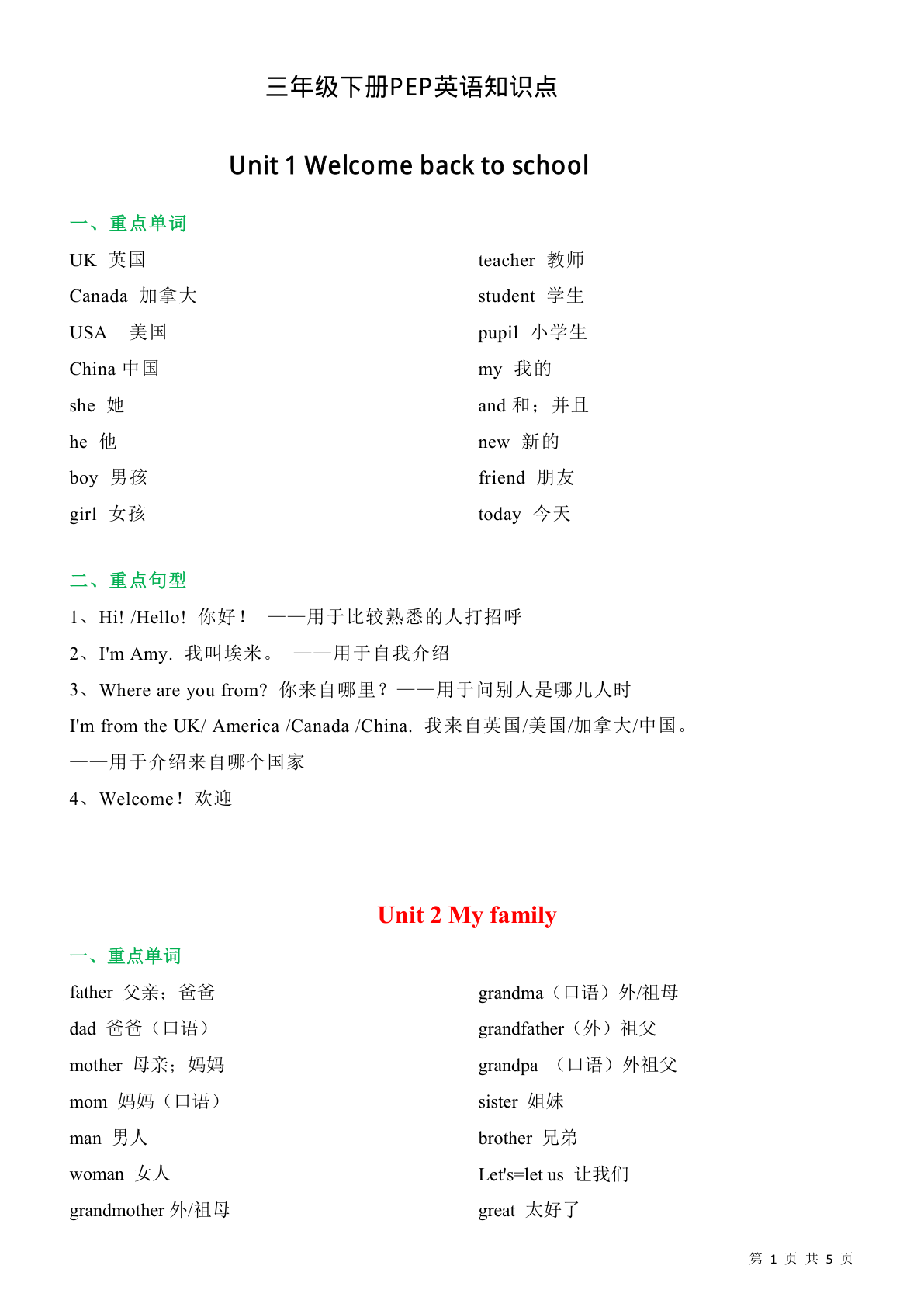 三（下)人教版PEP英语单词及短语 第1页
