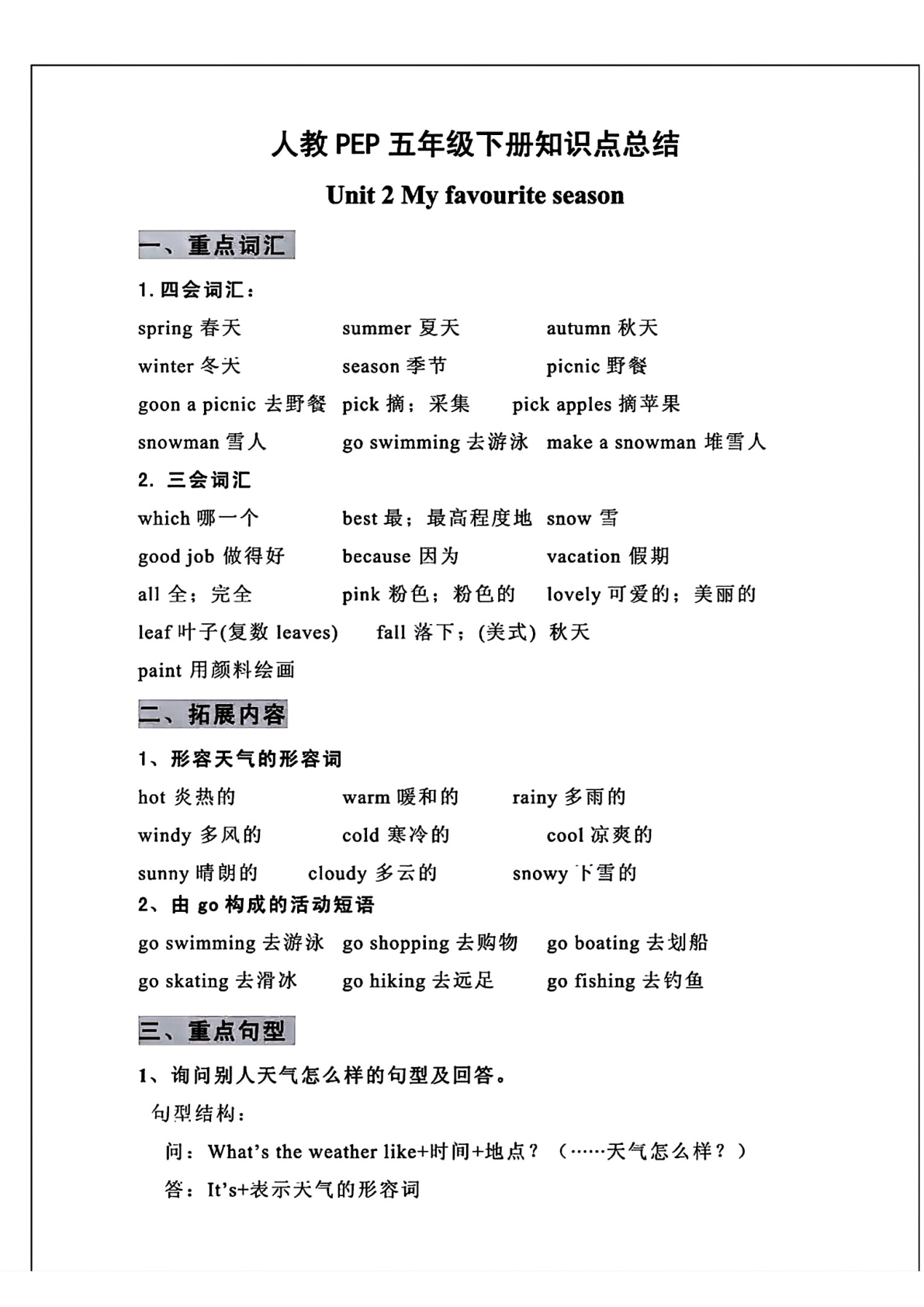 五年级下册英语寒假预习1-6单元知识点 第3页