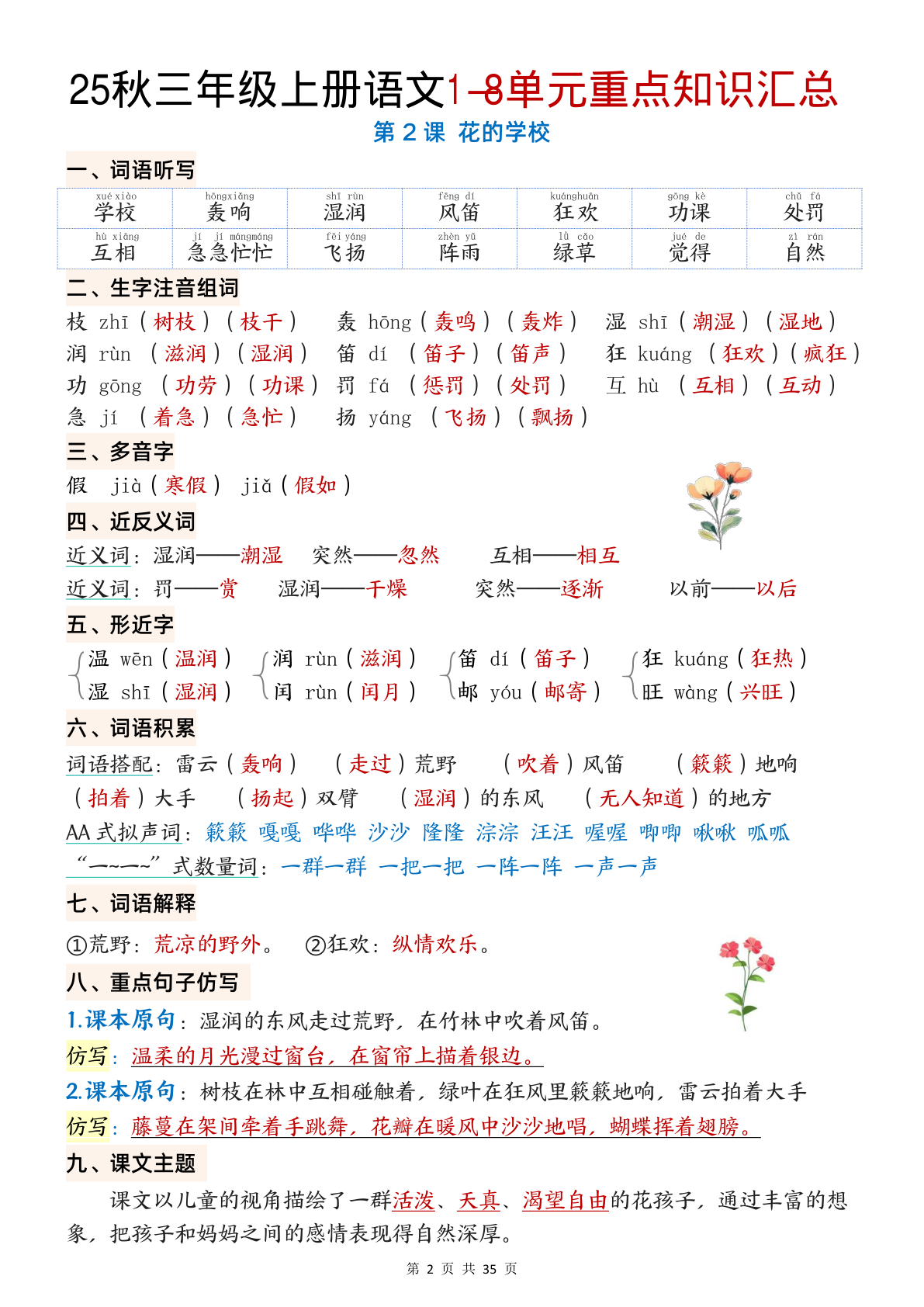 25秋三年级上册语文1-8单元重点知识汇总（35页） 第2页